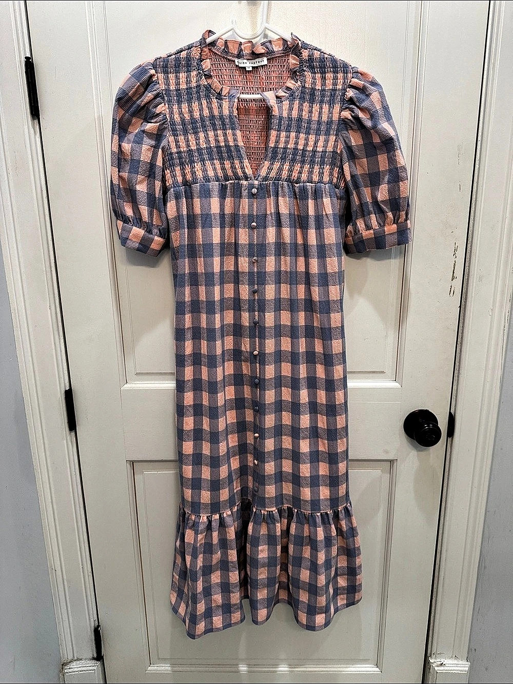 English Factory Gingham Check Midi Dress Blue & Pink Size XS